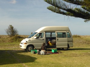 Camping in Ohwia. Between the shrub and the van White Island is visable to the naked eye but probably not to a camera....
